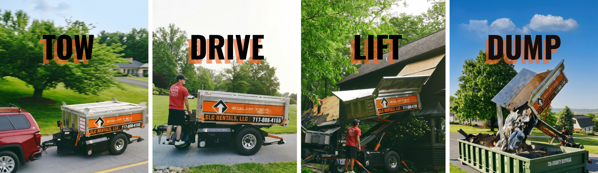Four images showing the equipter being towed, someone driving it, lifting it up to a roof, and dumping it.